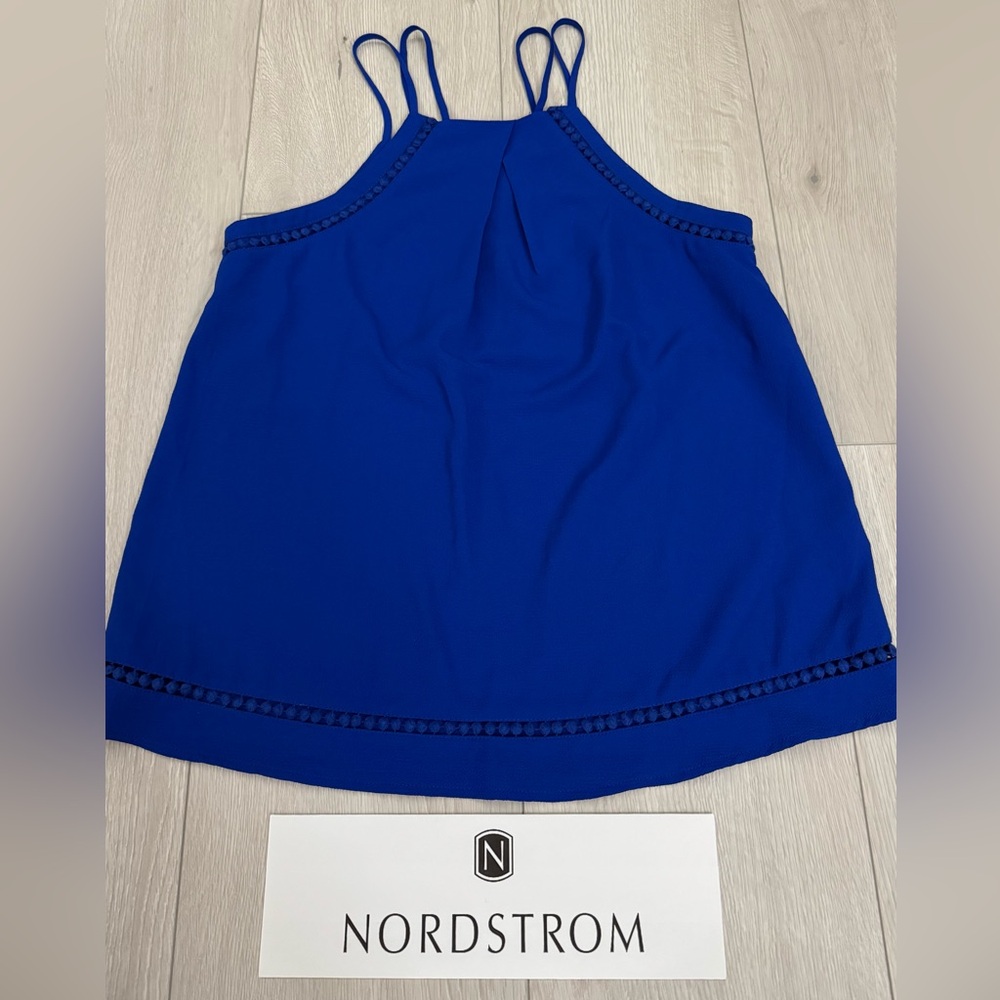 NORDSTROM “Sweet Wanderer” Halter Top Cobalt Blue with Pom Pom Hem Trim - S